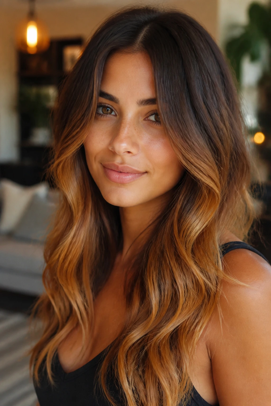 Close-up of a real woman with amber ombré from dark roots to light ends