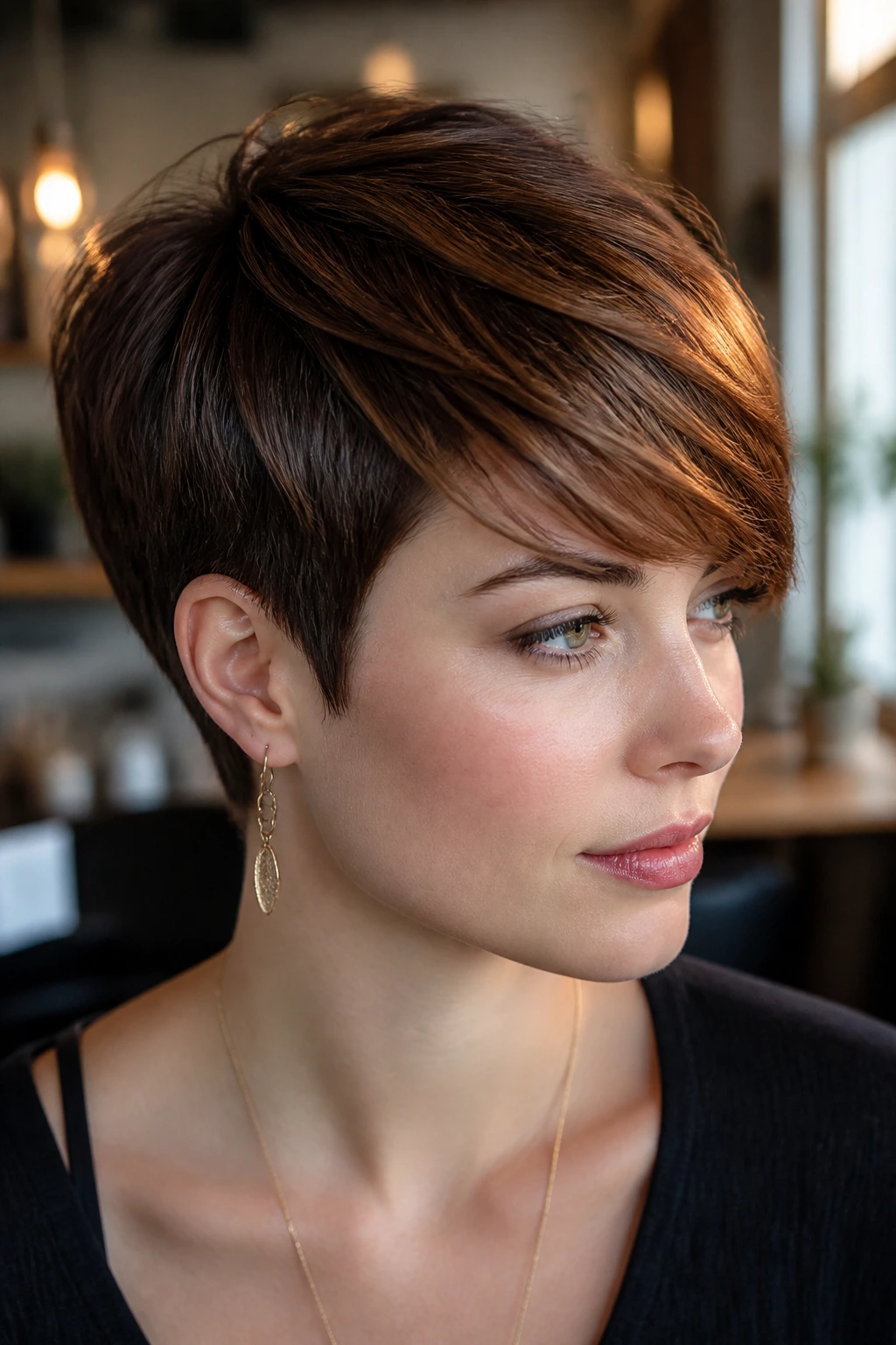 Portrait of a real person showing side-swept amber panels on a pixie