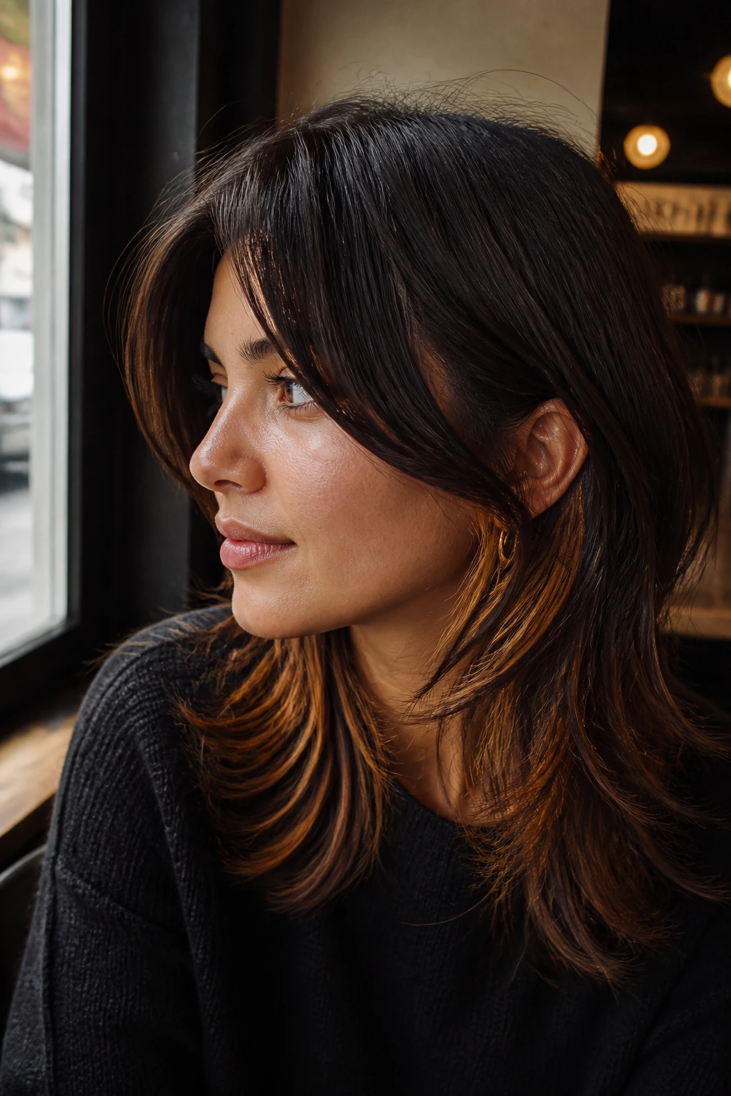 Close-up of layered brunette with amber peekaboo highlights peeking from under the top layer