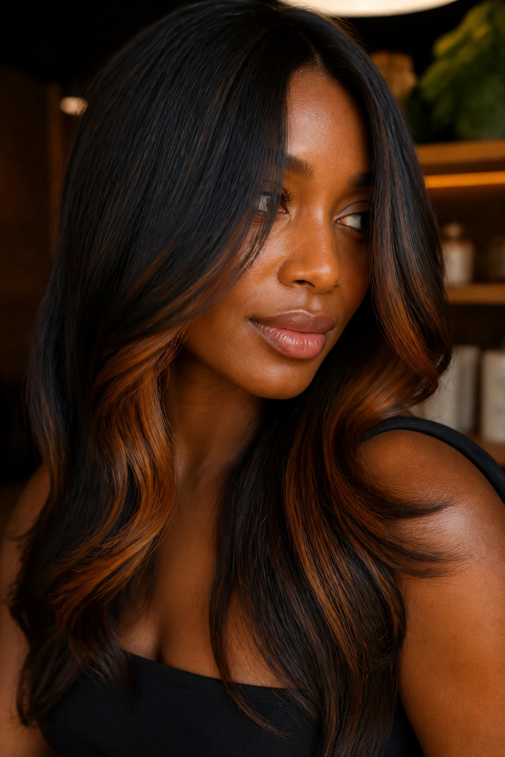 Close-up portrait of a real woman with deep brunette hair and amber peekaboo panels.