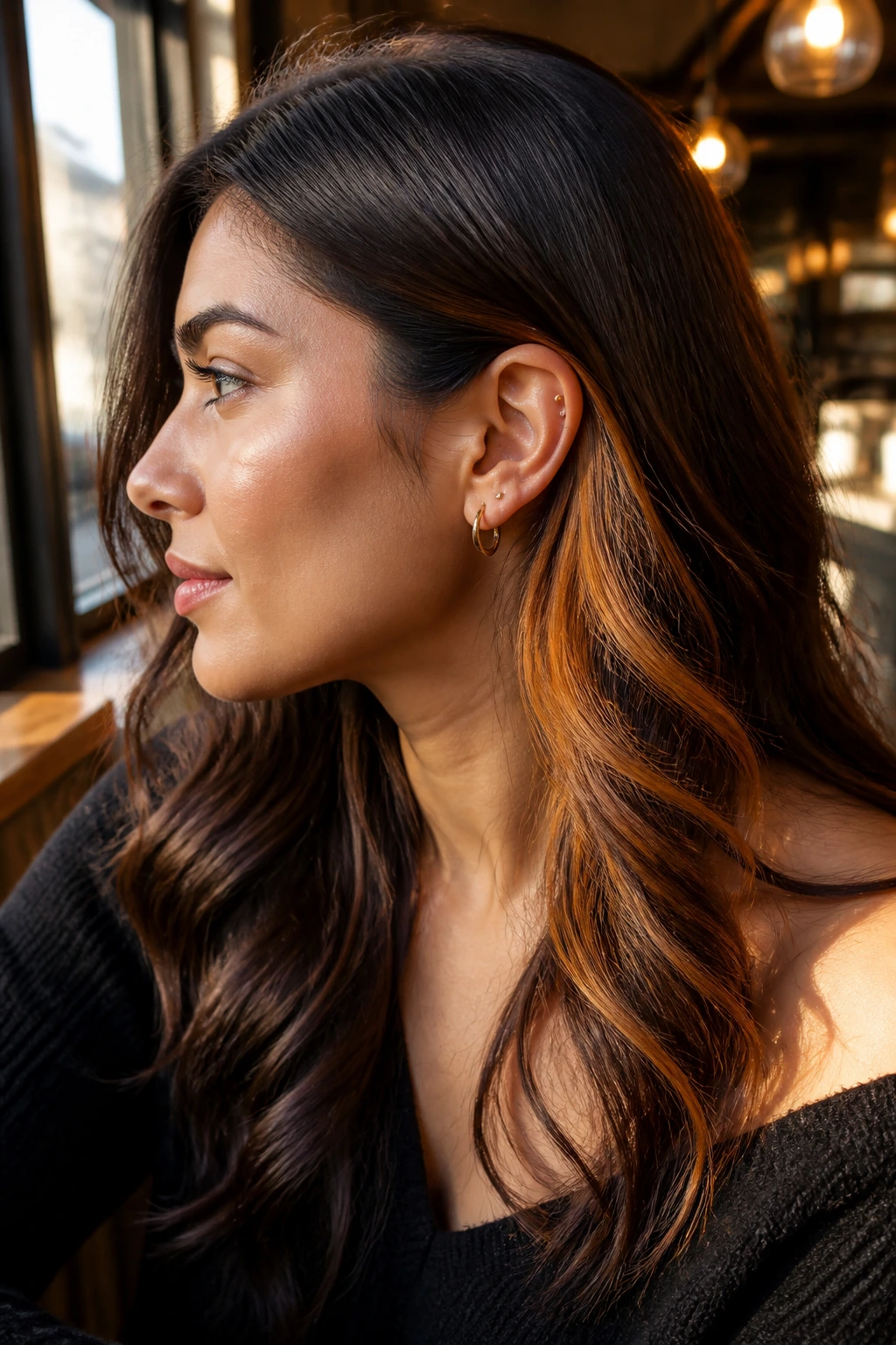 Side-profile of a real woman showing amber peekaboo panels under brown hair behind the ear.