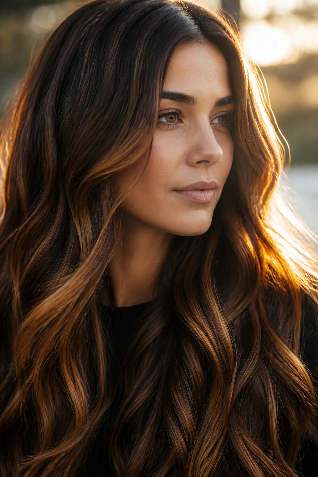 Close-up of brunette hair with amber ribbon highlights on a real woman.