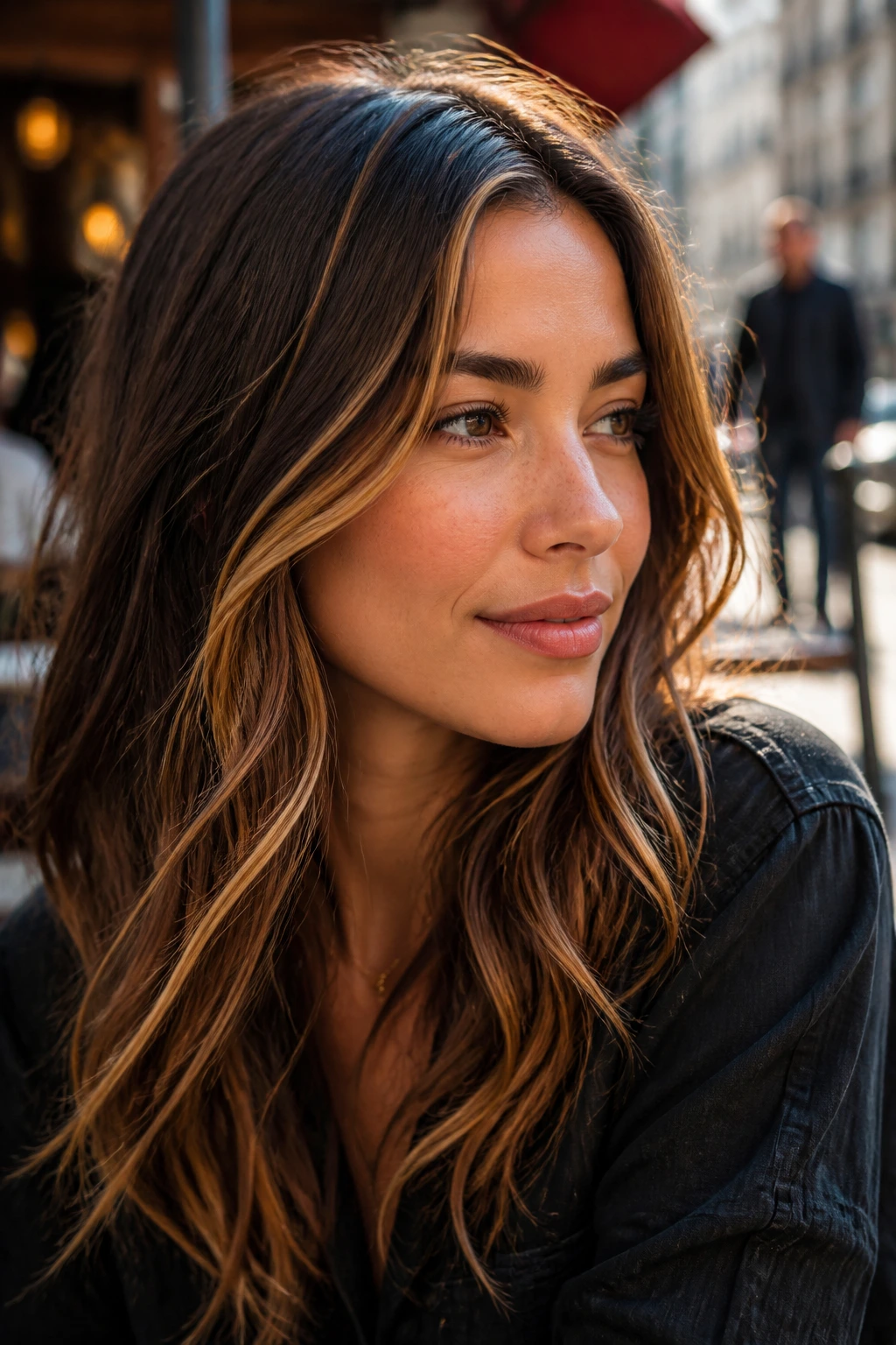 Close-up of a real woman with amber ribbon highlights in hair