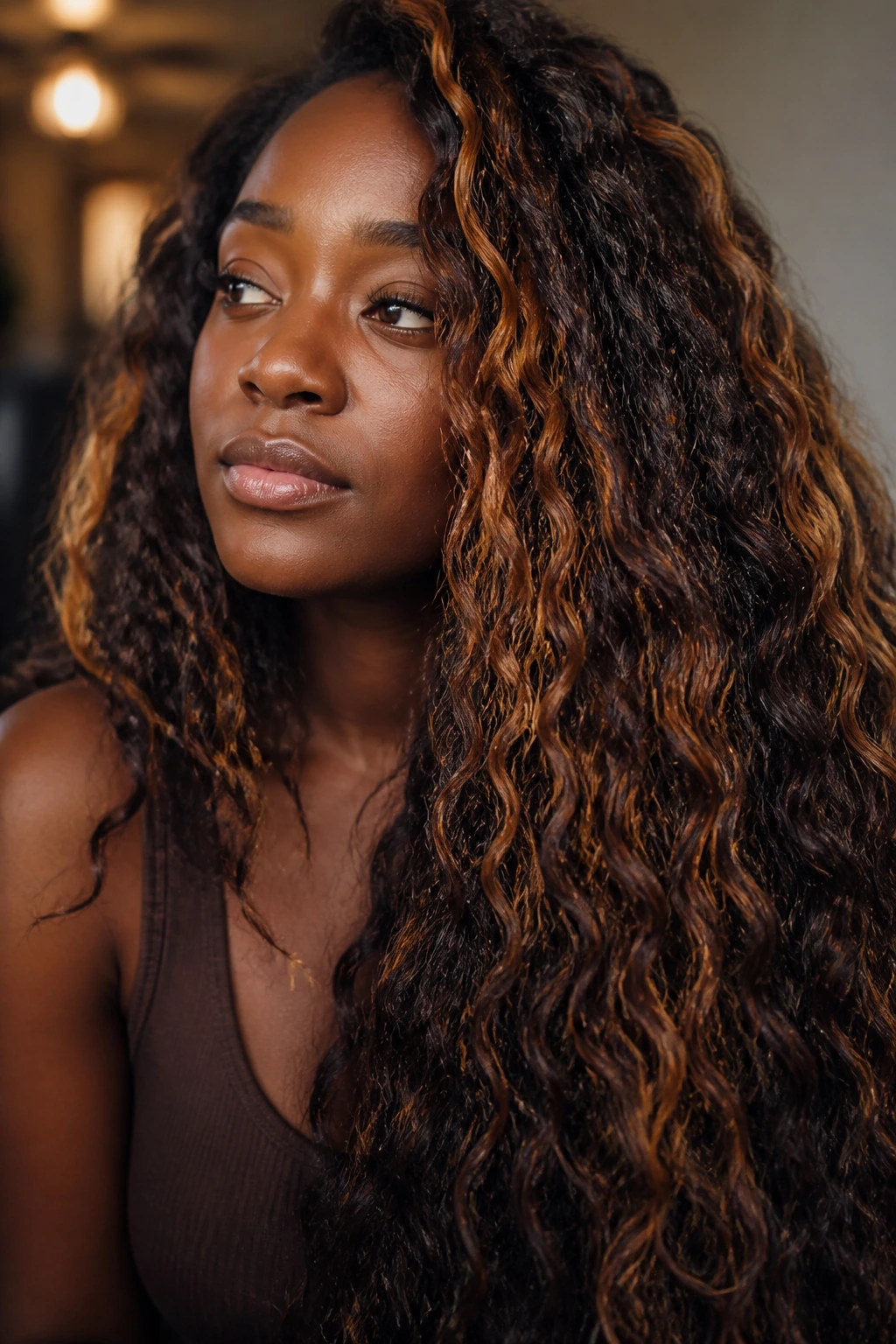 Close-up portrait of a person with amber ribbon highlights in long curls