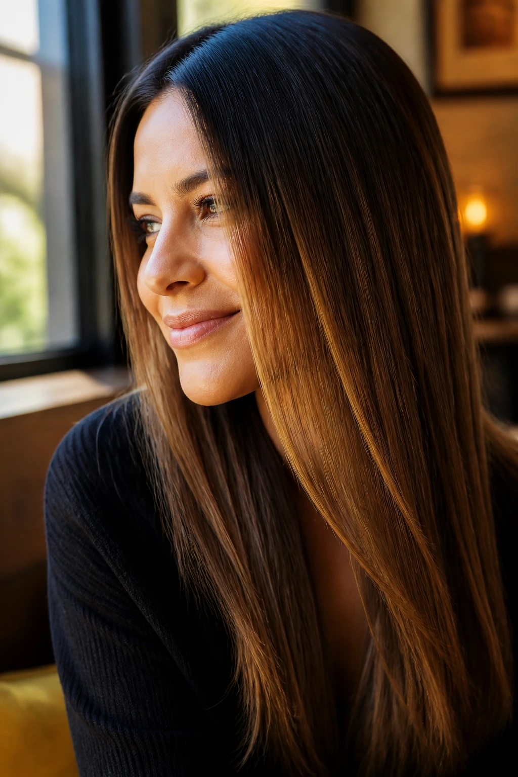 Portrait of a real woman with straight hair and amber ribbons around the cheekbone