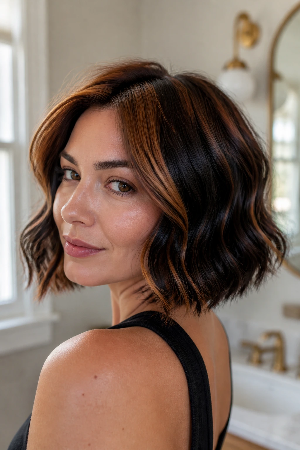 Close-up portrait of a real woman with amber root melt on a soft black bob under window light