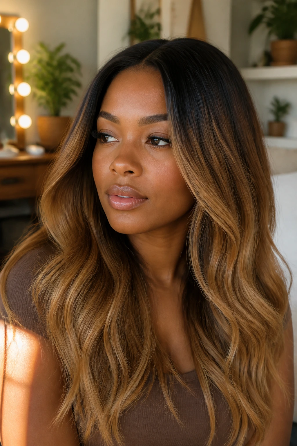 Close-up of a real woman with amber root melt color