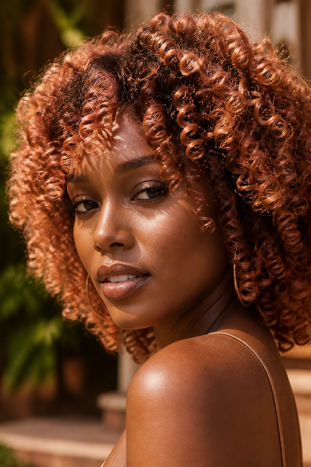 Close-up of a person with amber rose coils catching light.
