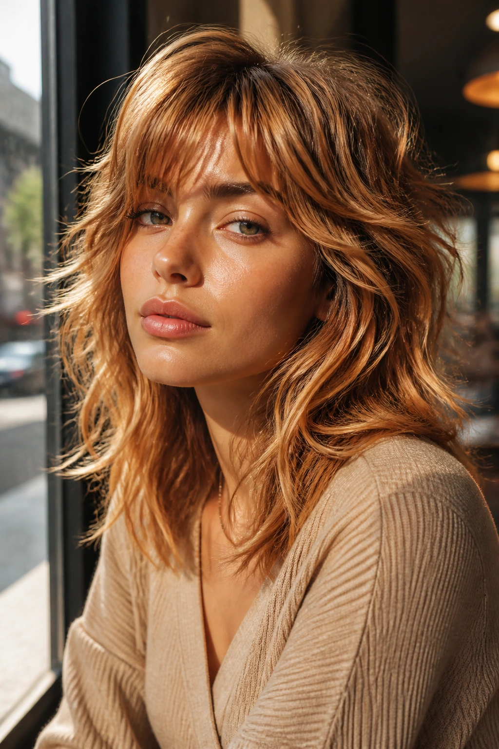 Close-up portrait of a real person with Amber Reddish Blonde Shag featuring layered warmth and textured ends in bright natural light