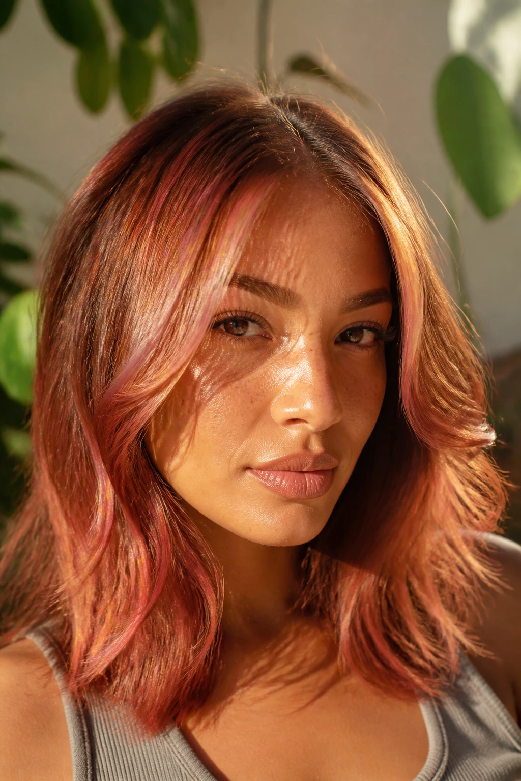 Close-up portrait of Amber Strawberry Bronze hair in a real person.