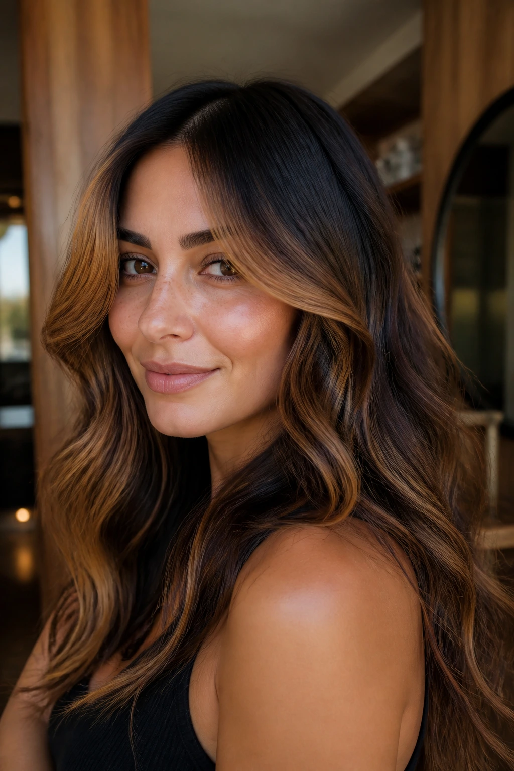 Amber face-framing streaks on brunette hair in warm salon lighting