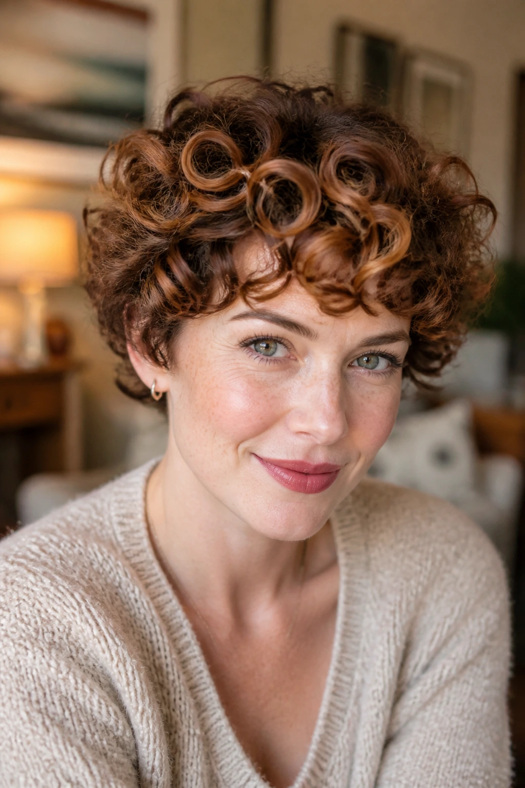 Close-up of a real woman with amber strokes on short curls