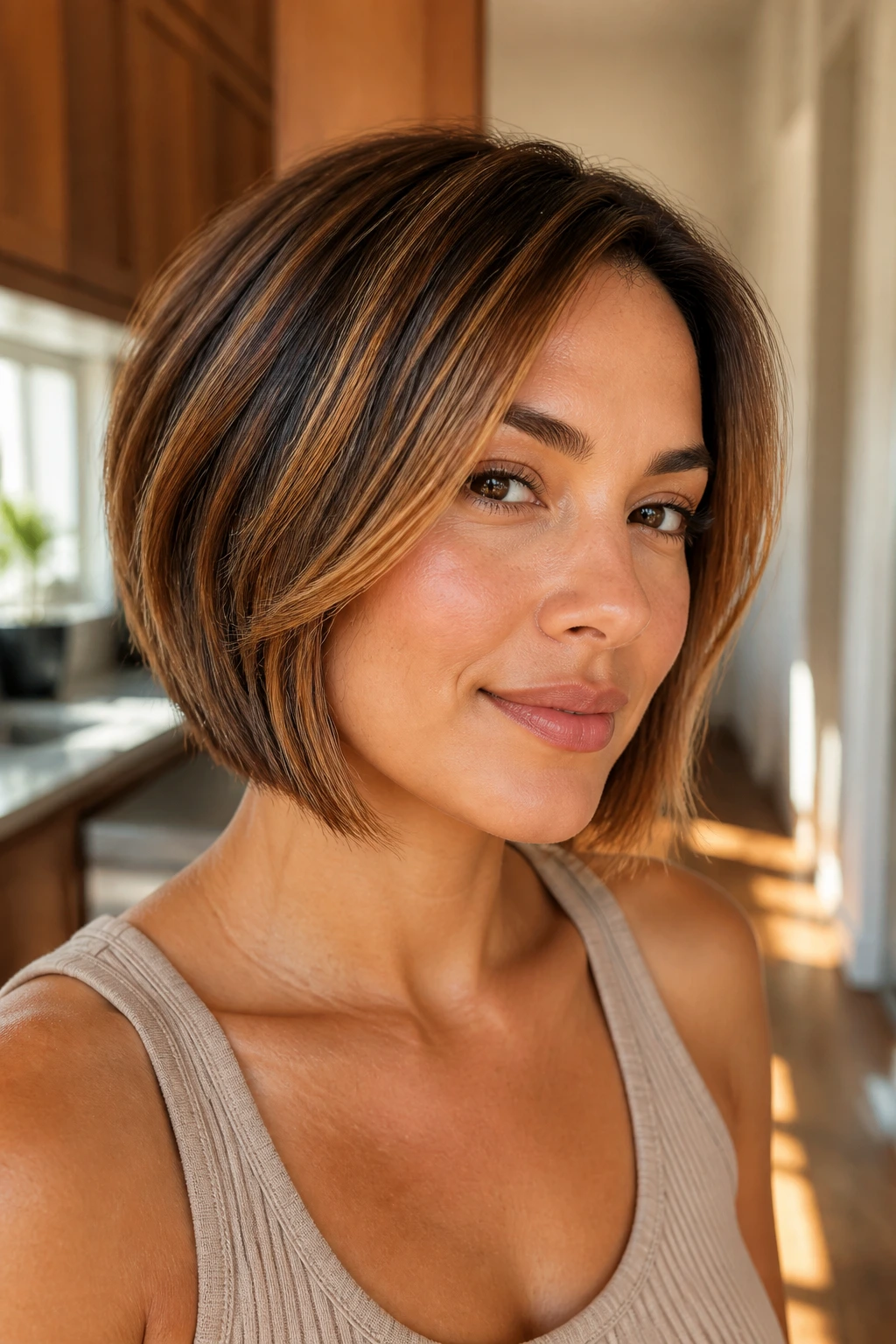 Close-up of real woman with short bob and amber highlights through top and ends