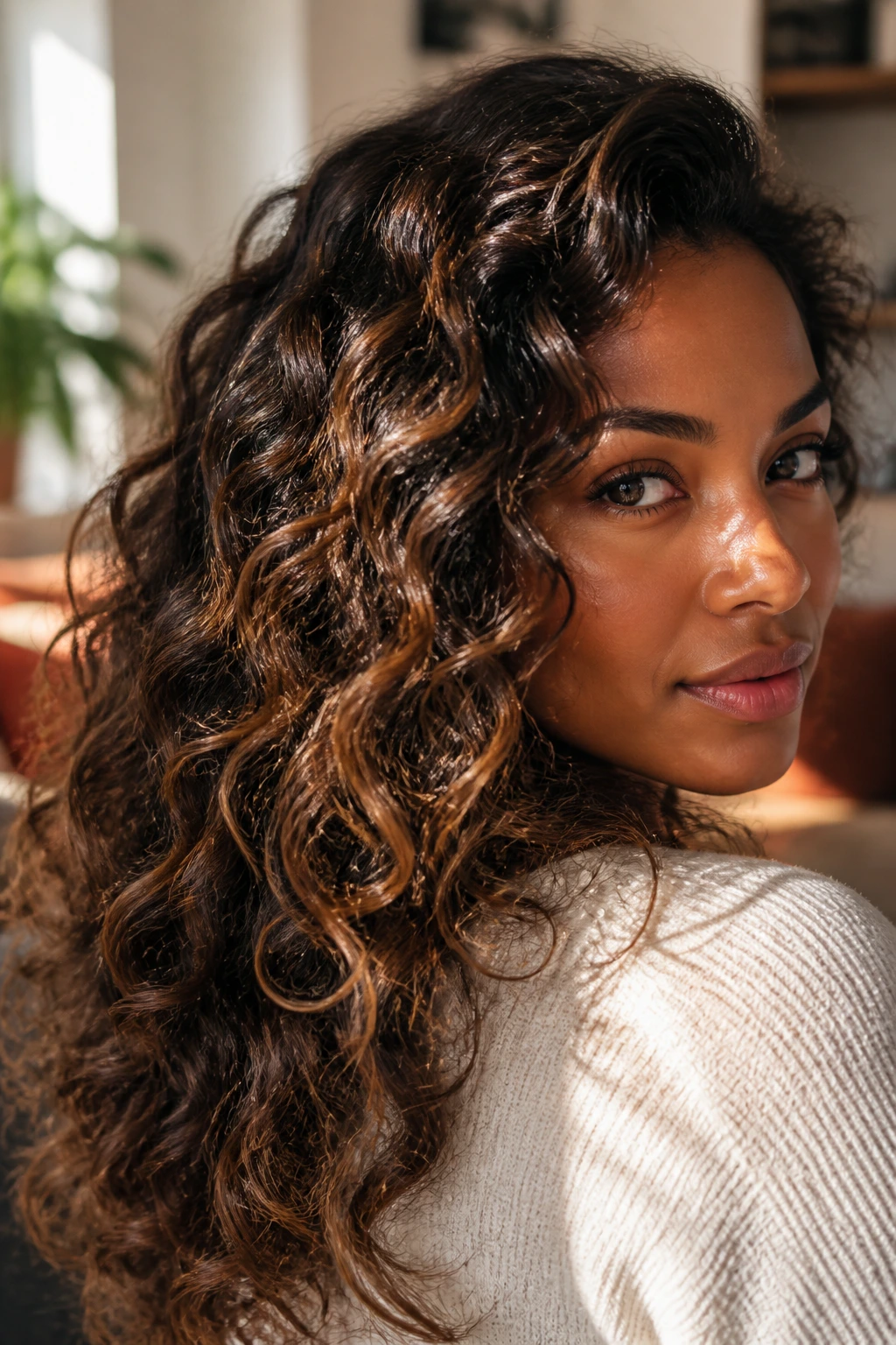 Close-up of a real woman with amber tint highlights on deep brunette hair in natural light