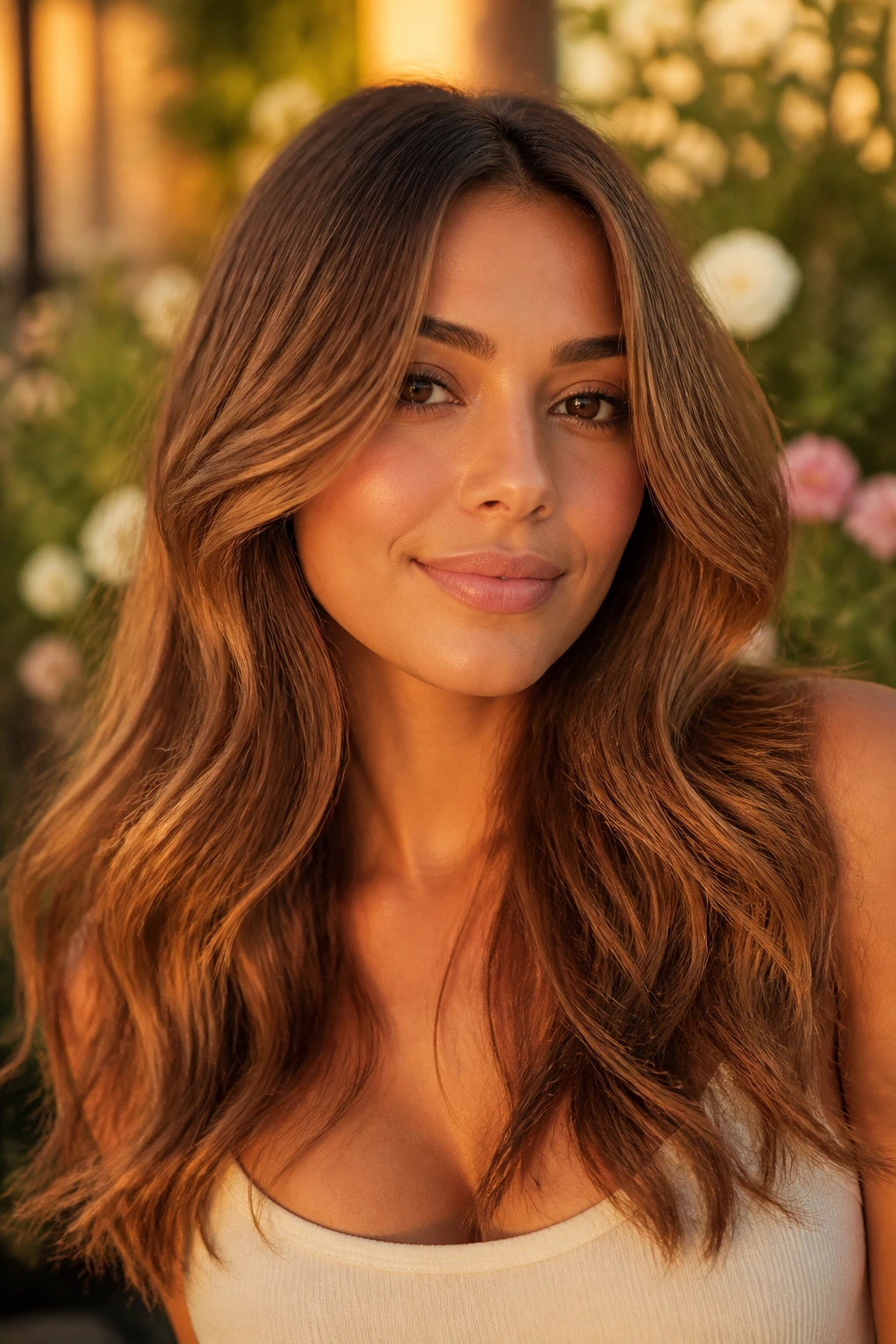 Portrait of a real person with amber toffee waves hair