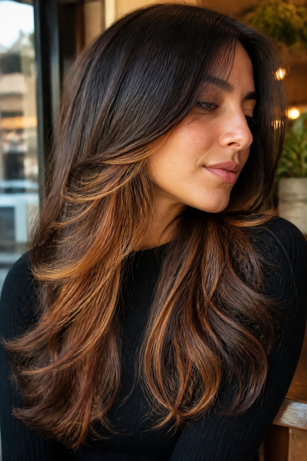 Close-up portrait of olive-skin woman with amber underlights in hair