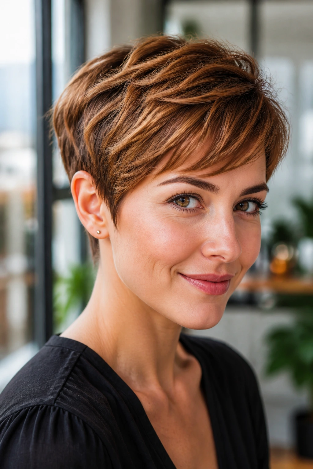 Close-up of a real person with an ambered pixie cut.