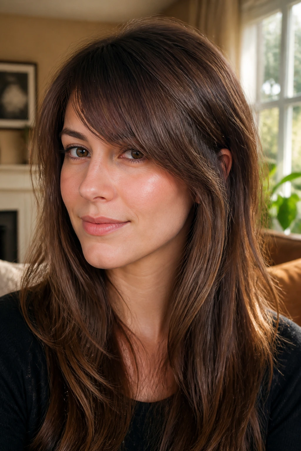Portrait showing diagonal bangs angle across forehead versus straight fringe