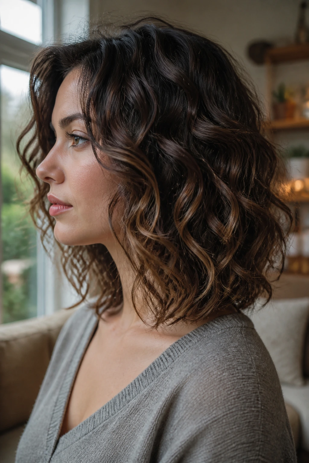 Side-profile of a real woman showing angled haircut and cheekbone line