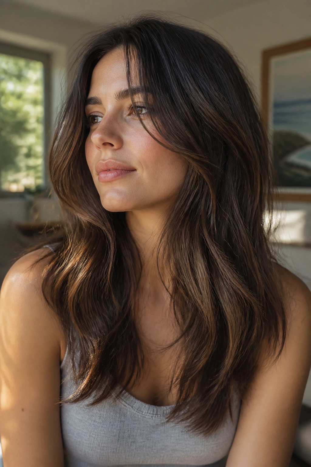 Portrait of a real woman with an air-dry friendly angle cut and natural waves