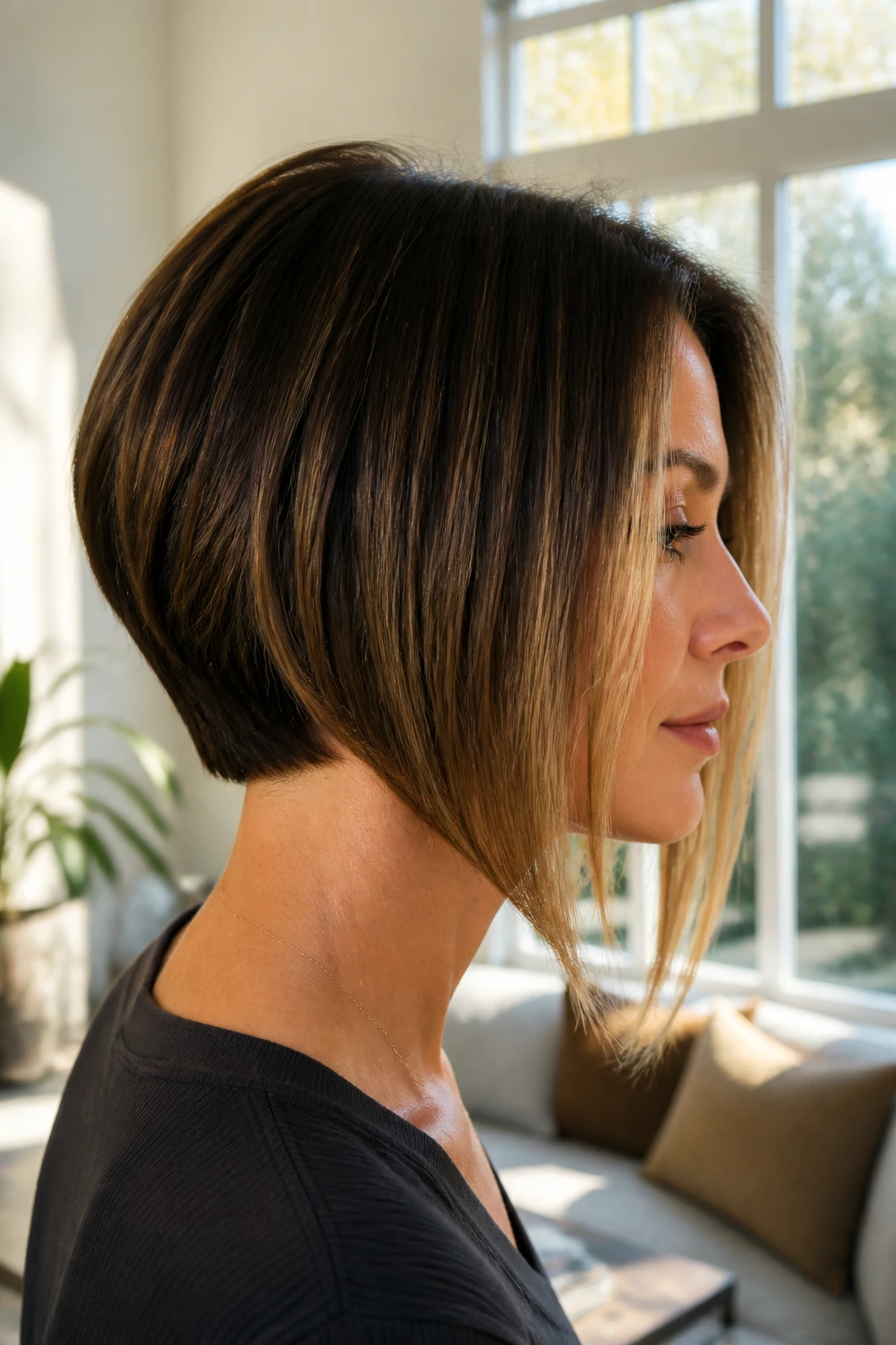 Close-up portrait showing inverted bob angle in a bright living room setup
