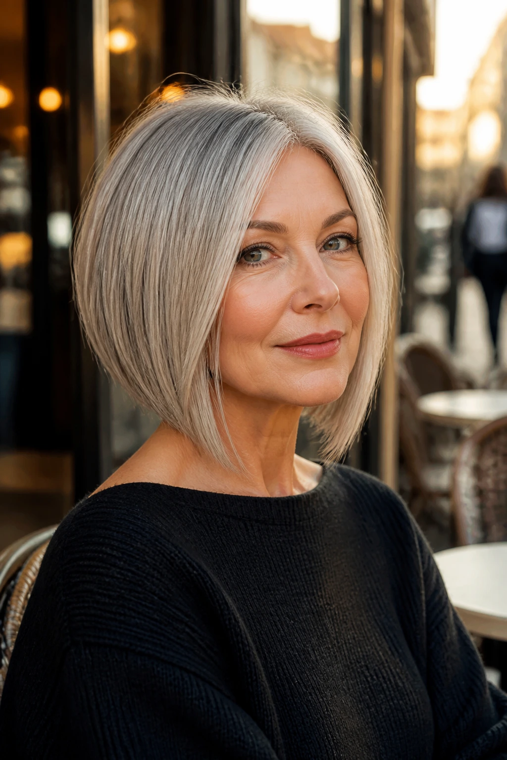 Portrait of a real woman with an angled A-line bob showing a diagonal face frame.