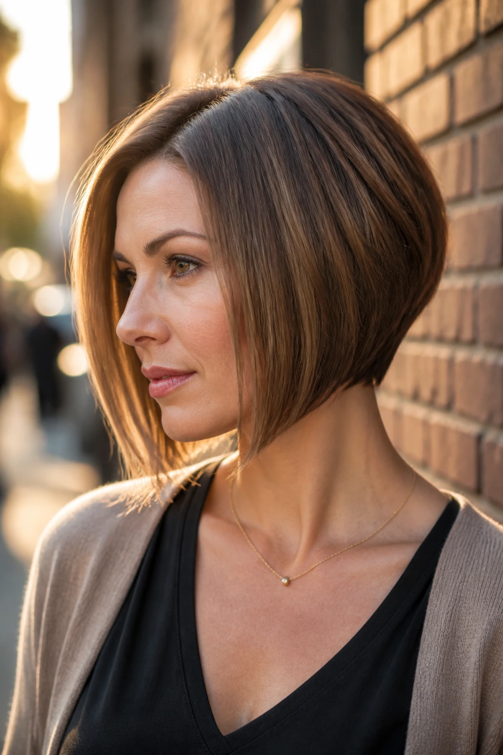 Three-quarter portrait of a real woman with an angled A-line bob skimming the jaw.