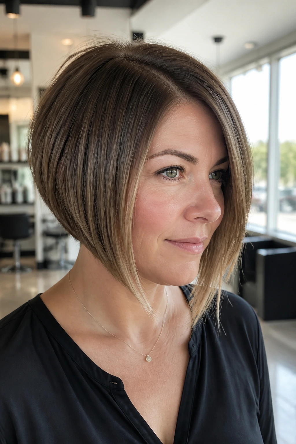 Portrait of a real woman with angled A-line bob and longer front pieces