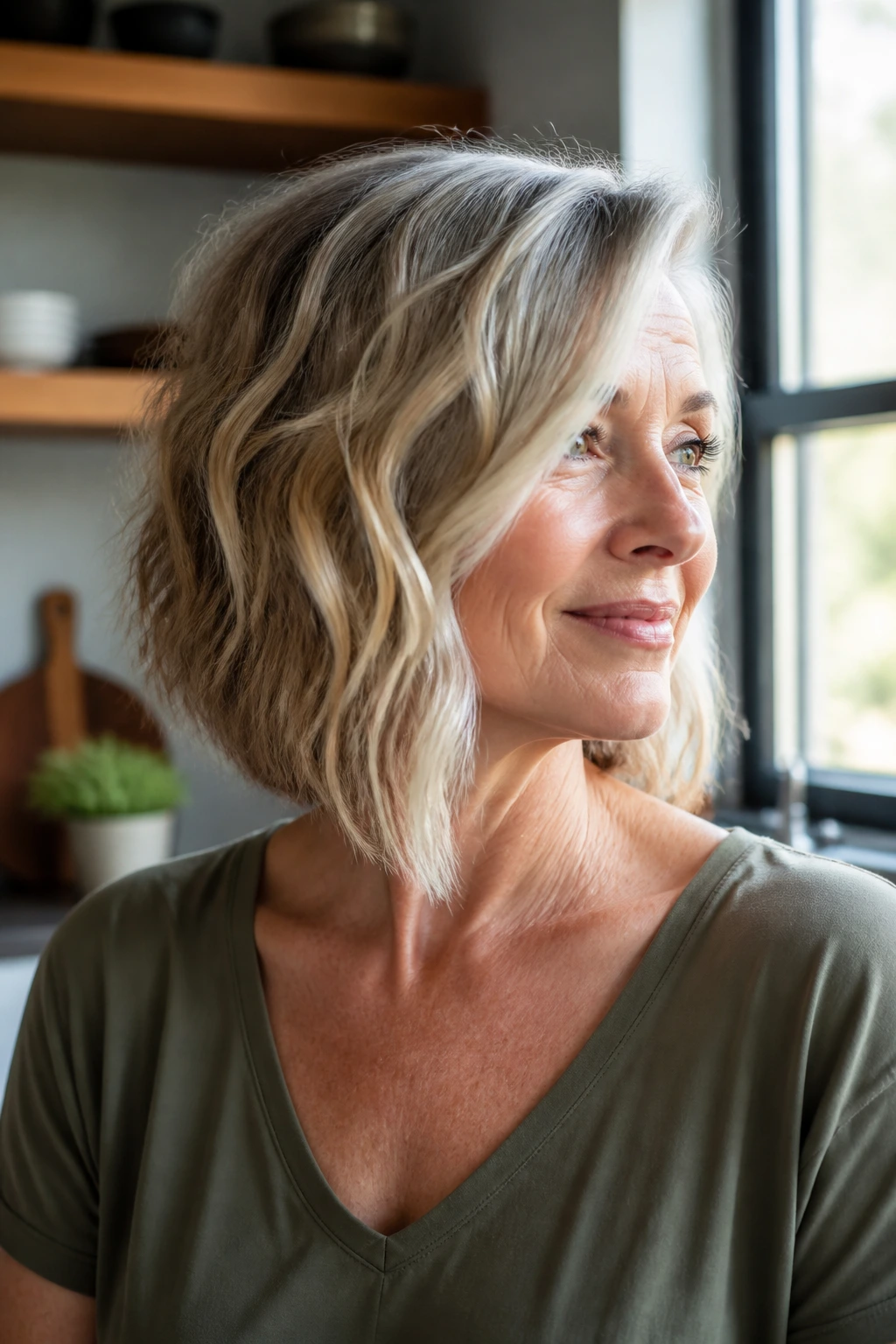 Real woman with an angled A-line bob on wavy hair