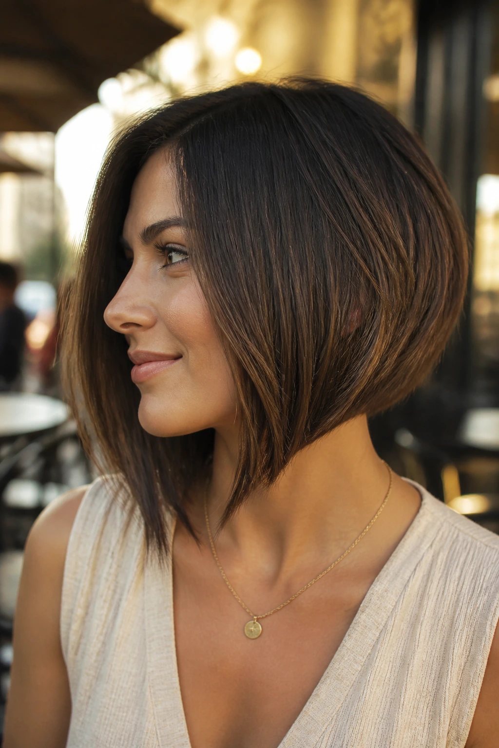 Close-up of a real woman wearing an angled A-line bob in golden-hour light