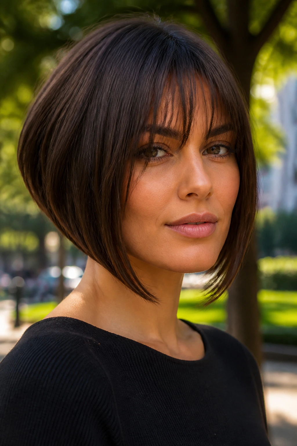 Portrait of a woman with angled A-line bob and wispy bangs outdoors in soft light