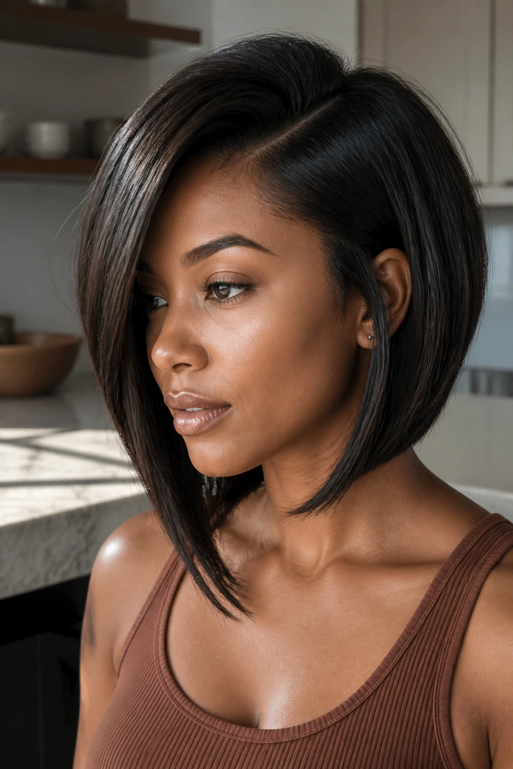 Close-up of a real woman with an angled A-line lob