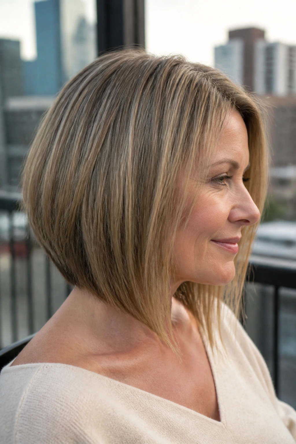 Close-up profile of a woman with a slightly angled A-line lob showing front length grazing the collarbone.