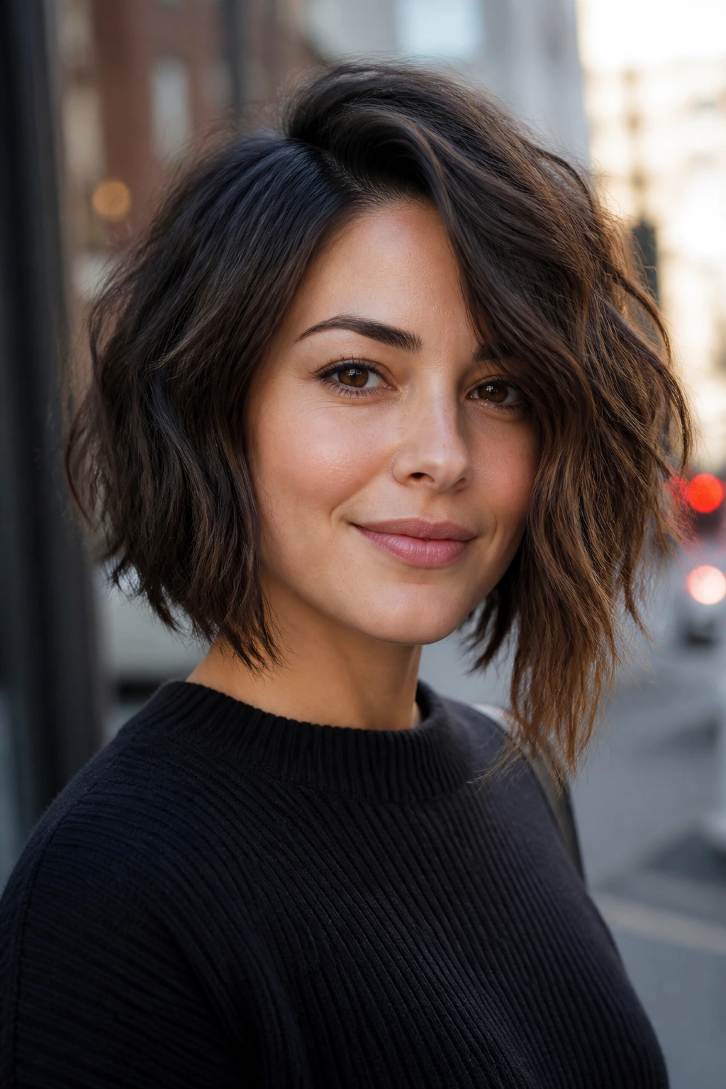 Close-up of a real person with a subtle angled asymmetrical bob on a city street in morning light.