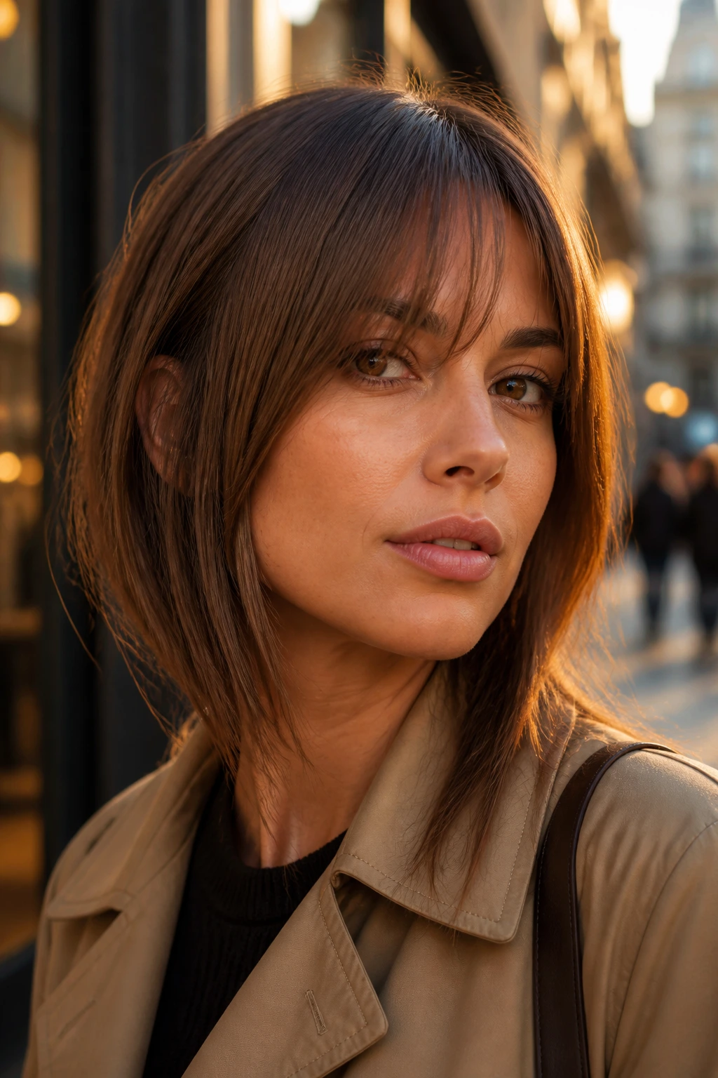 Portrait of a real woman with long bangs angled toward the jaw
