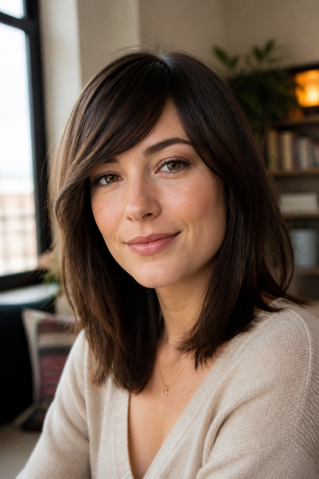 Close-up portrait of a real woman with medium-length hair and angled fringe framing the eyes
