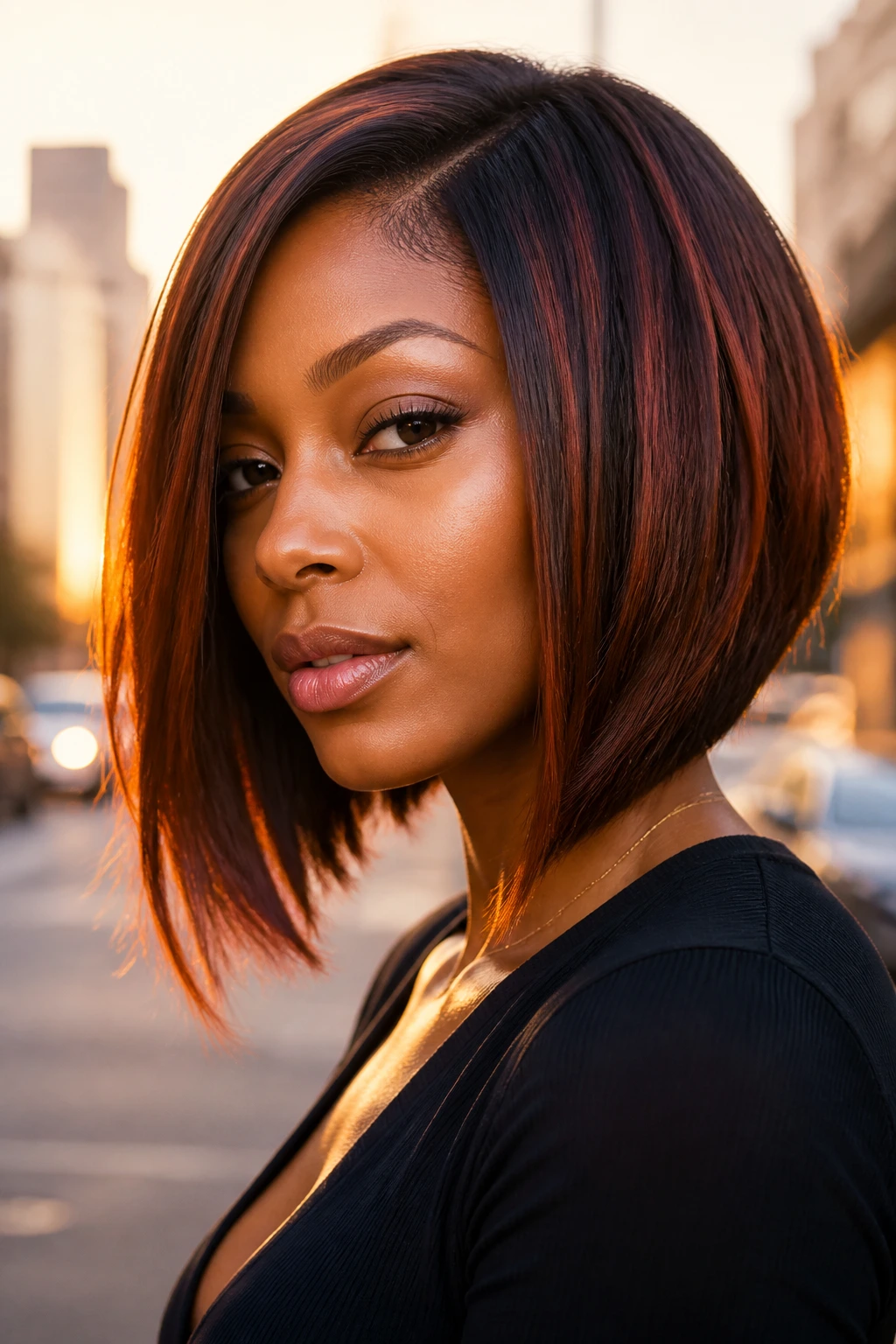 Close-up of a real woman with angled bob and auburn veins.