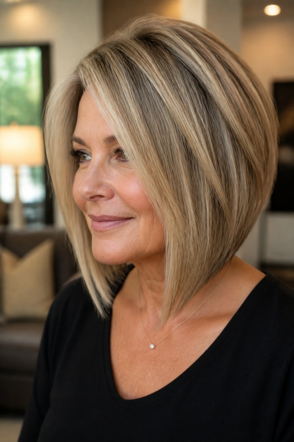 Close-up of angled bob with soft blonde and deep lowlights