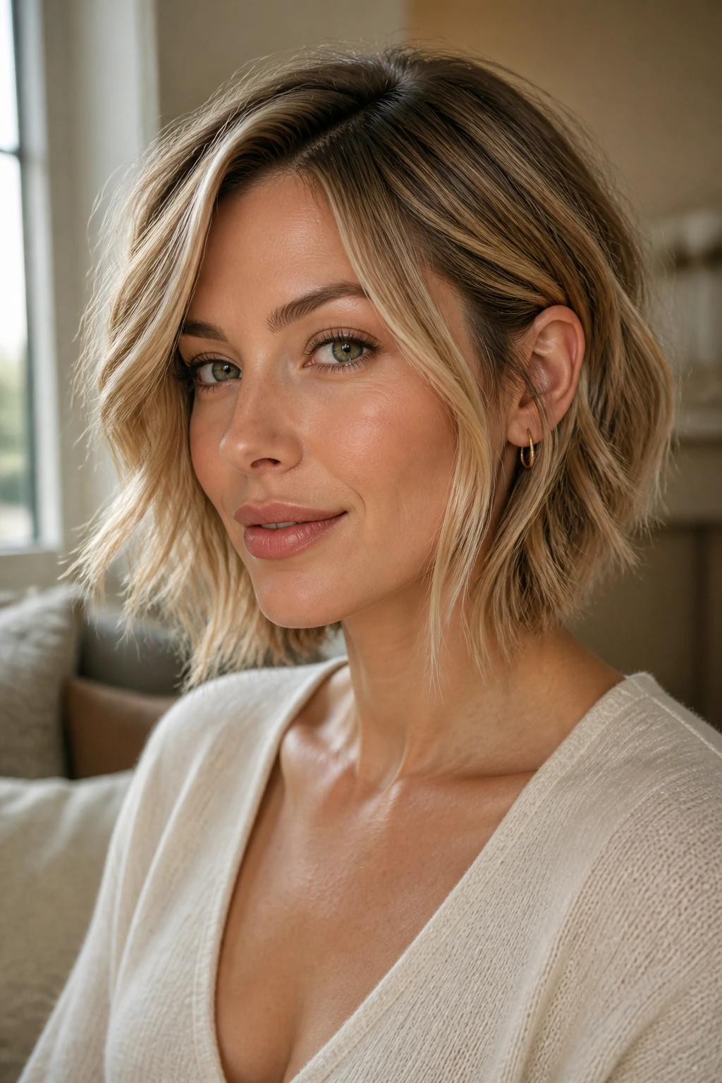 Close-up portrait of a real woman wearing Angled A-Line Bob with Cheekbone Pieces, warm window light.