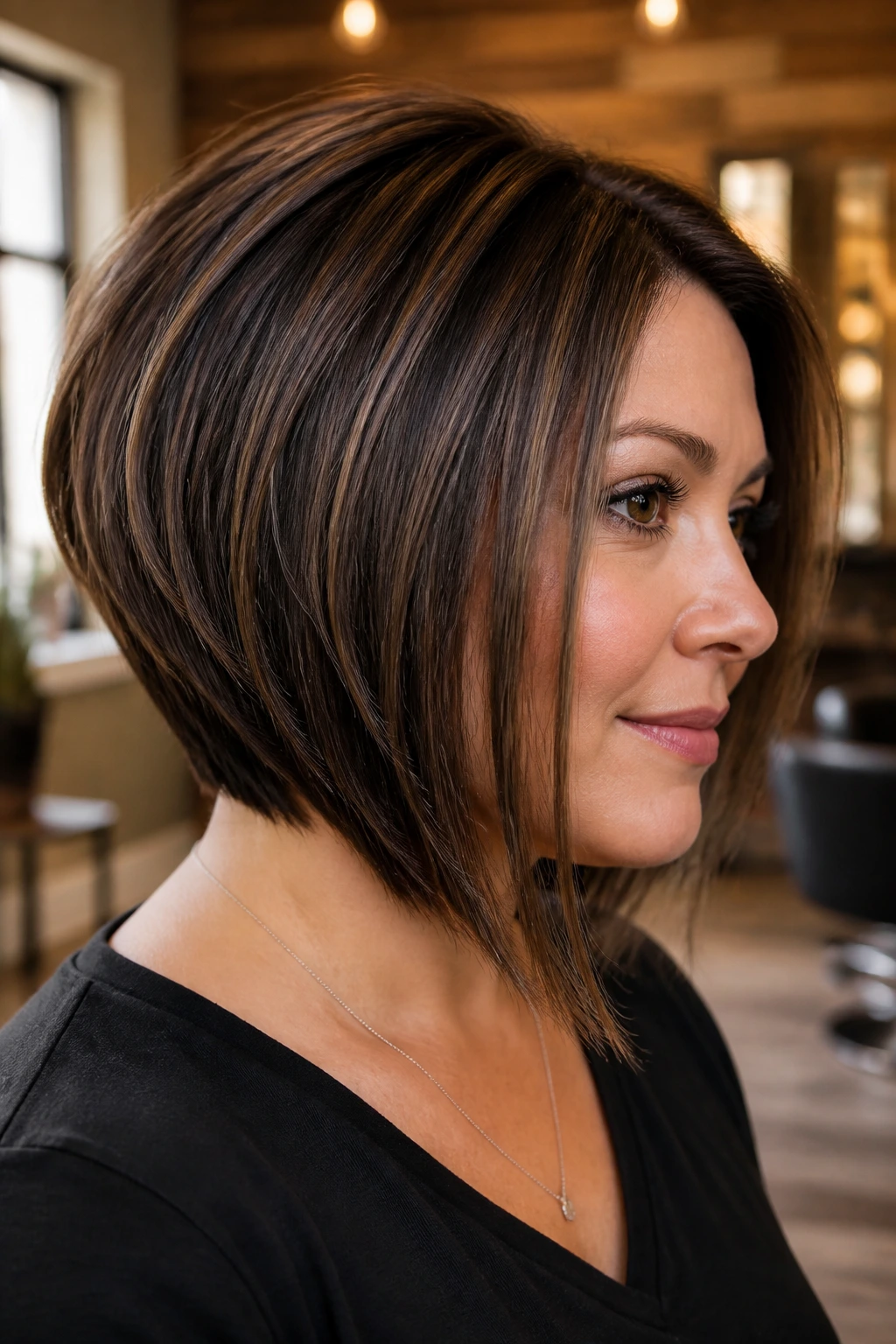 Close-up portrait of a real woman with an angled bob and coffee bean lowlights in warm salon light