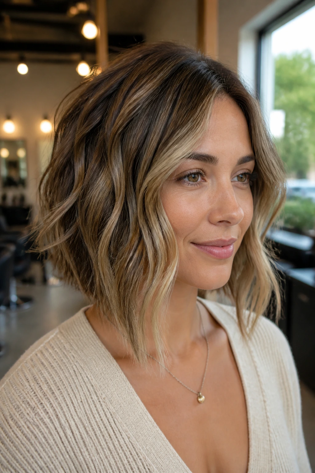 Close-up of a real woman with an angled bob and longer front pieces, soft waves, in a sunlit salon.