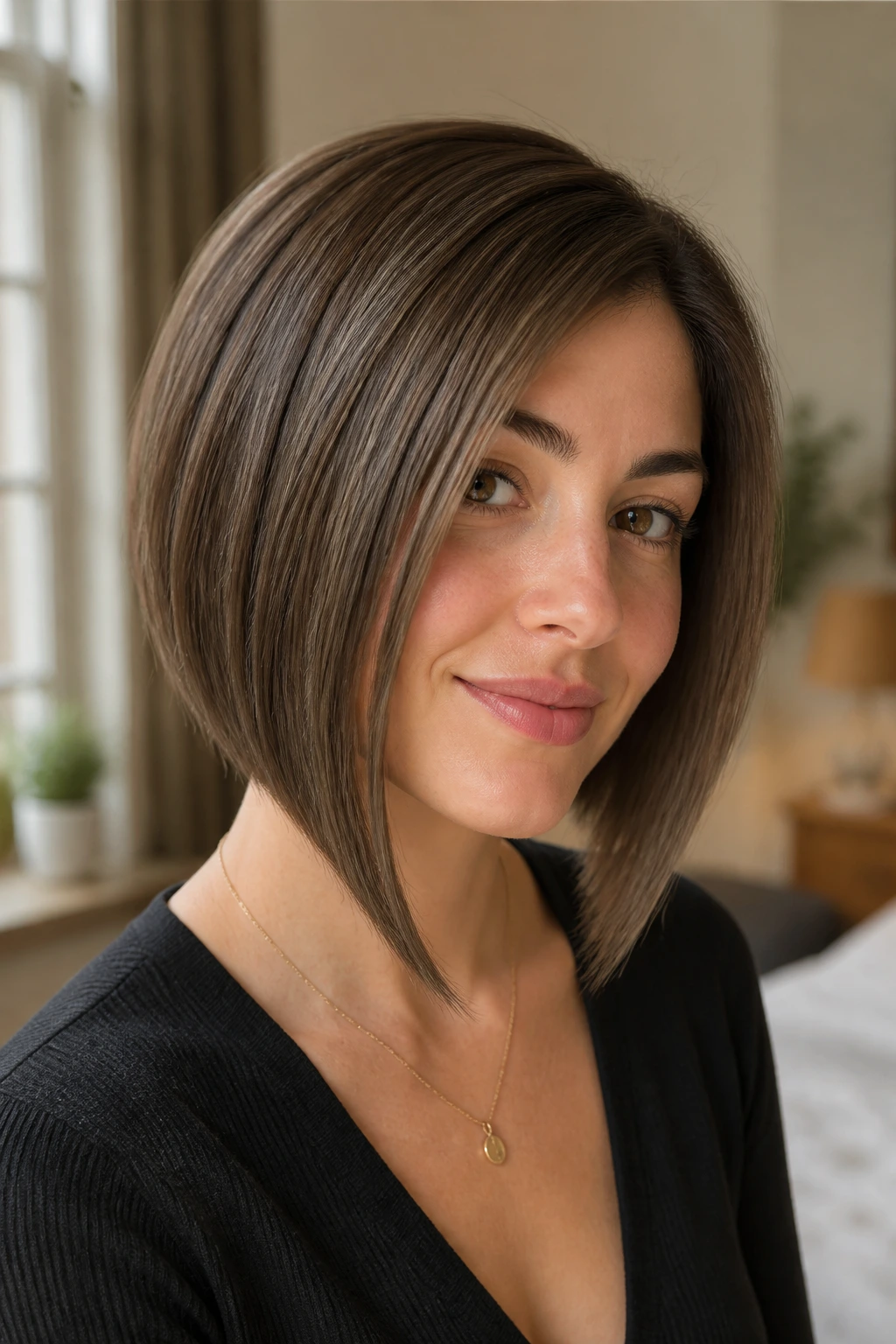 Portrait of woman illustrating the diagonal angle of an angled bob