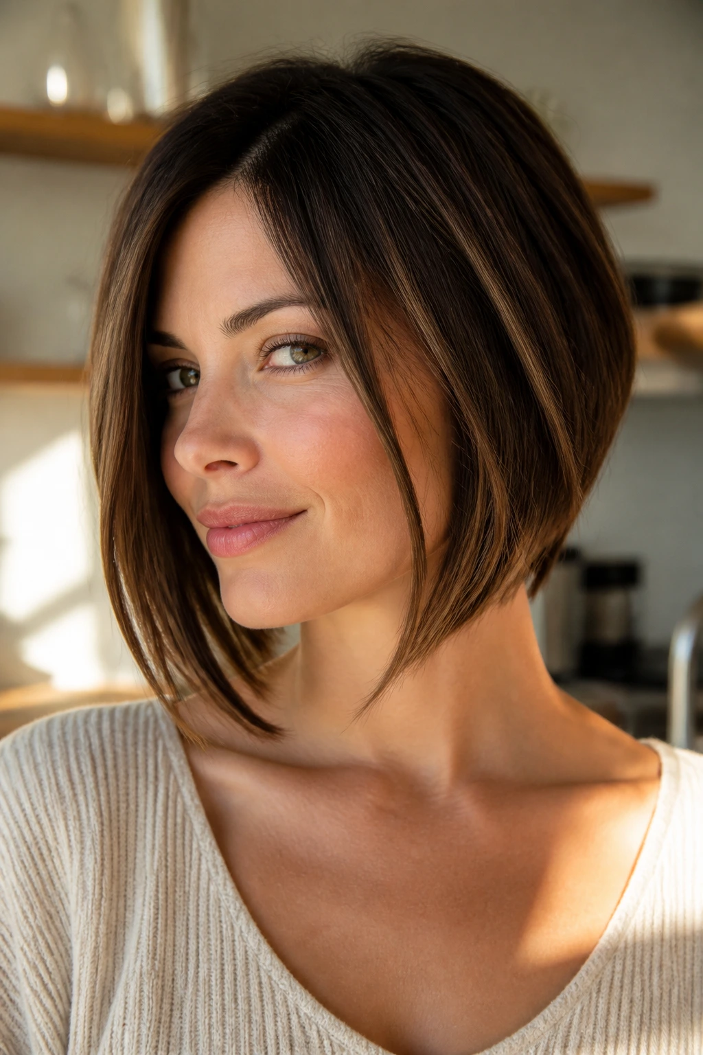 Close-up of a woman with an angled bob and face-framing pieces.
