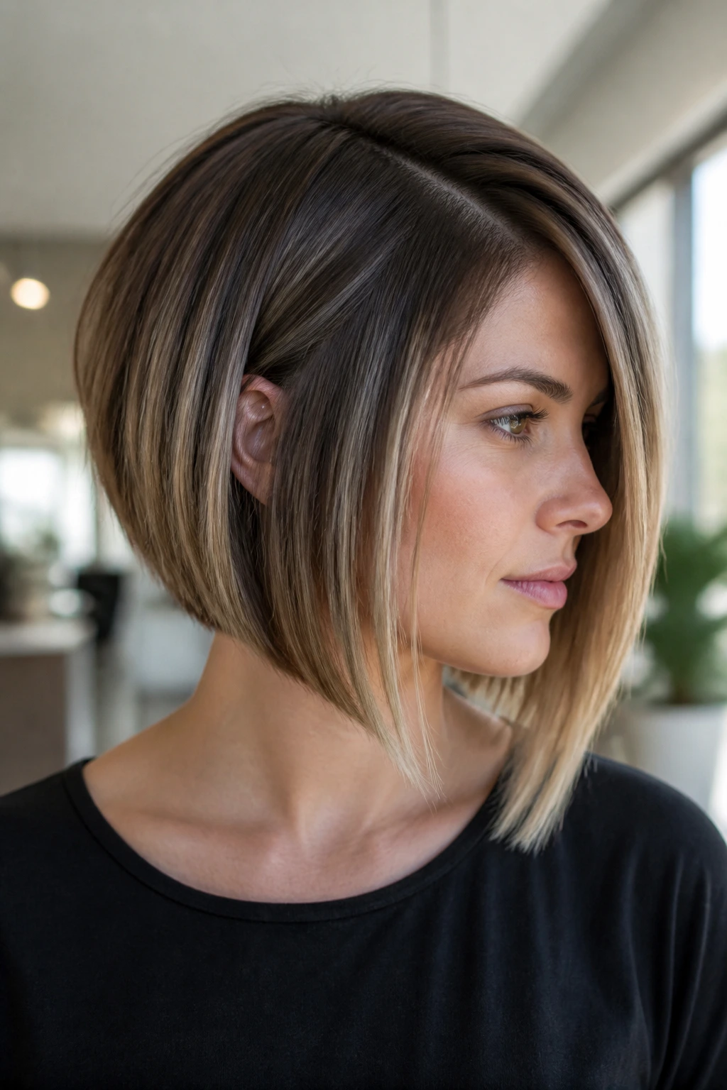 Portrait of a person with an angled bob that dips forward