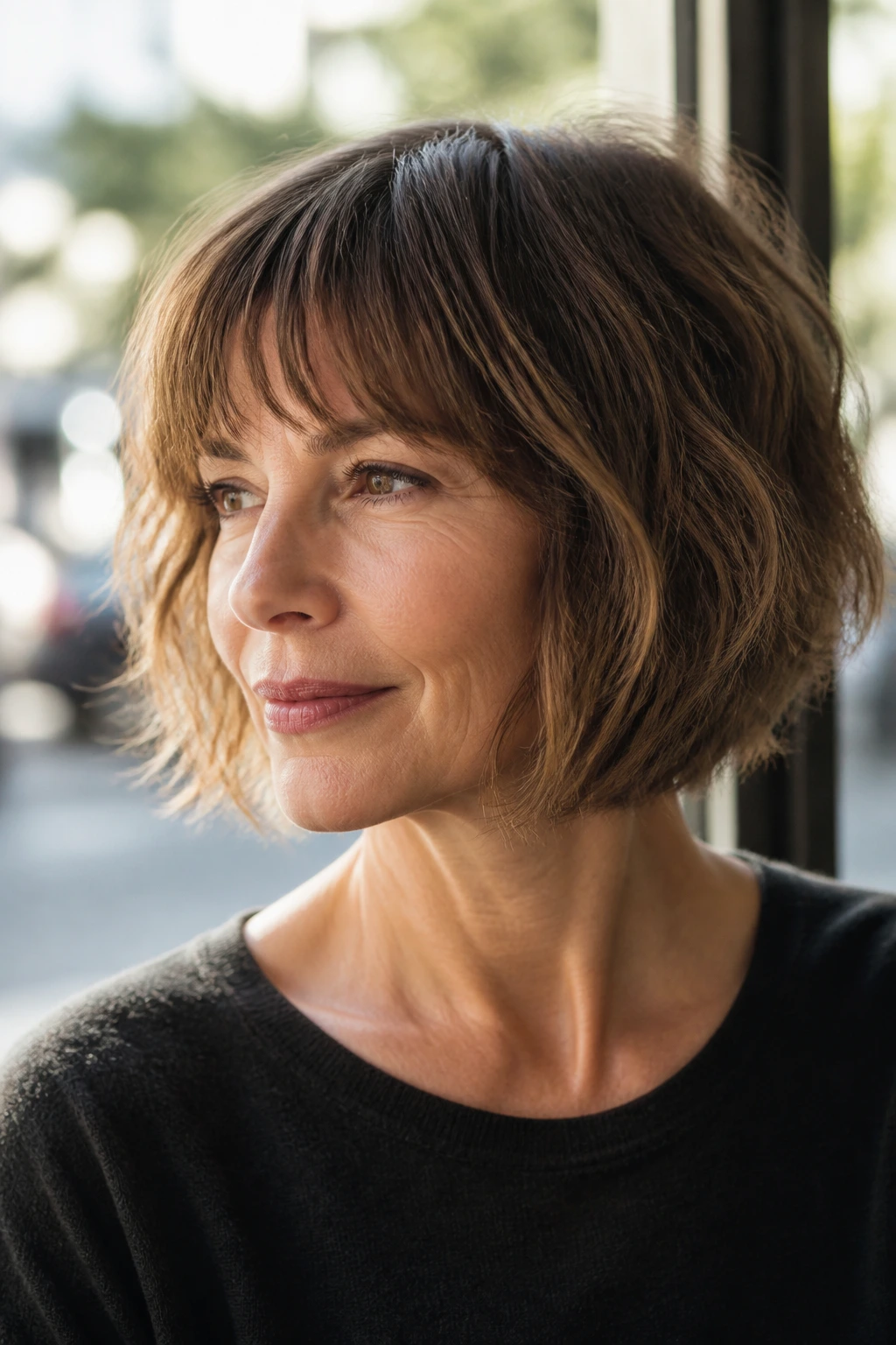 Close-up portrait of a real woman with a French-inspired angled bob and light fringe