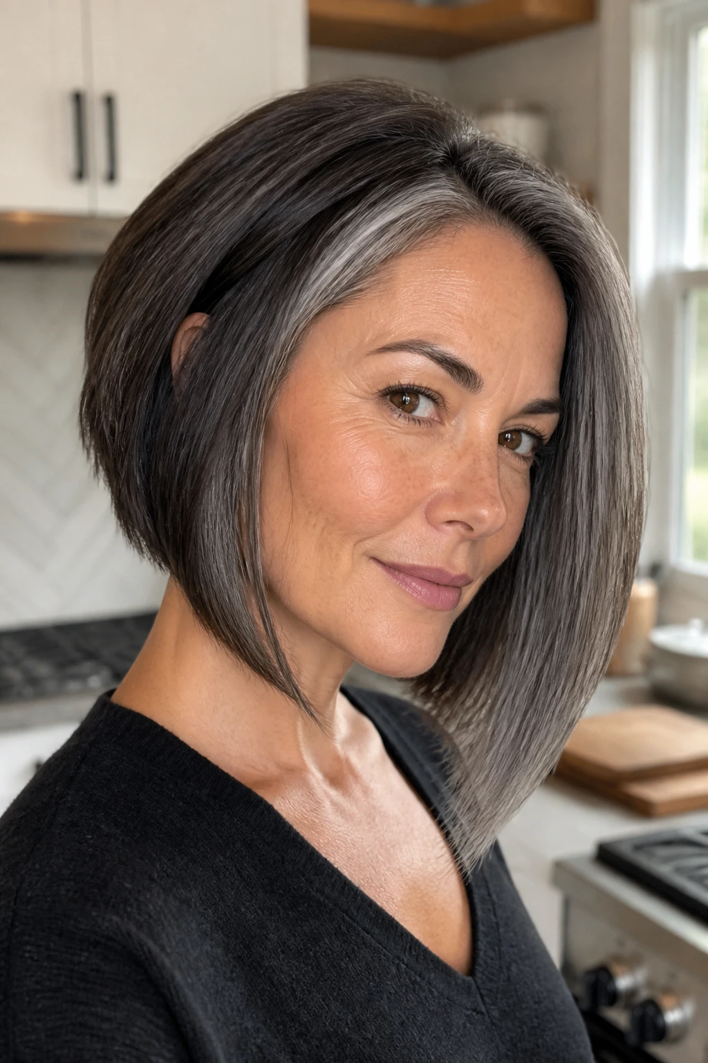 Close-up portrait of a real person with an angled bob and longer front