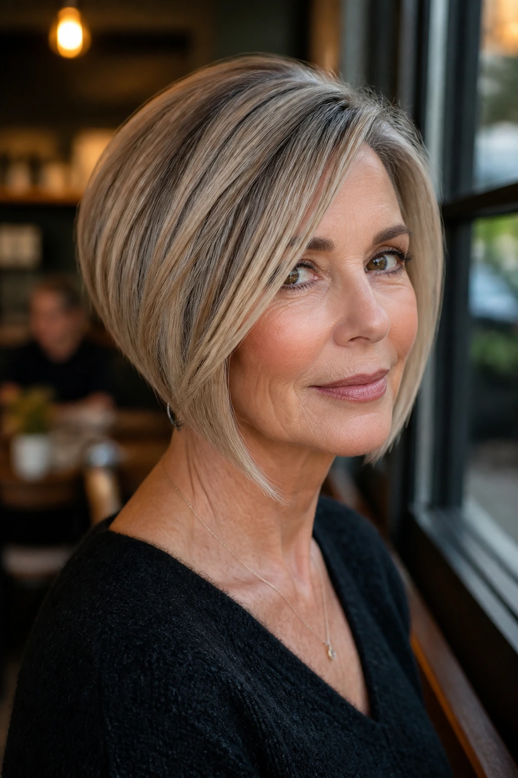 Portrait of a real woman with angled bob front panels