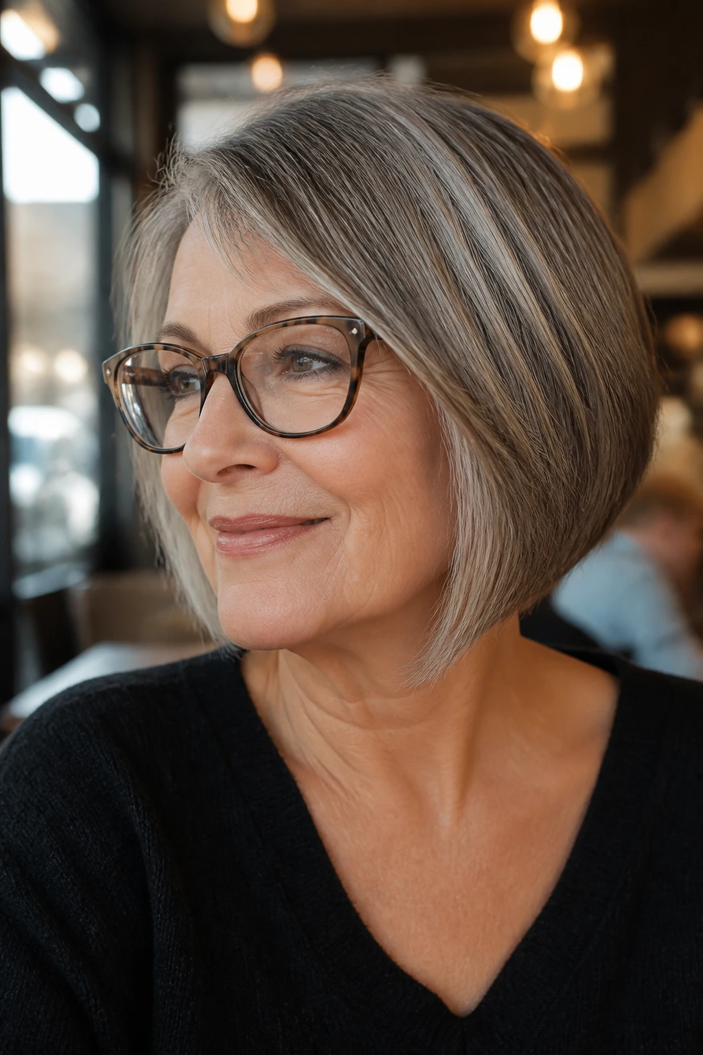 Portrait of a woman with an angled bob wearing glasses in a cafe.