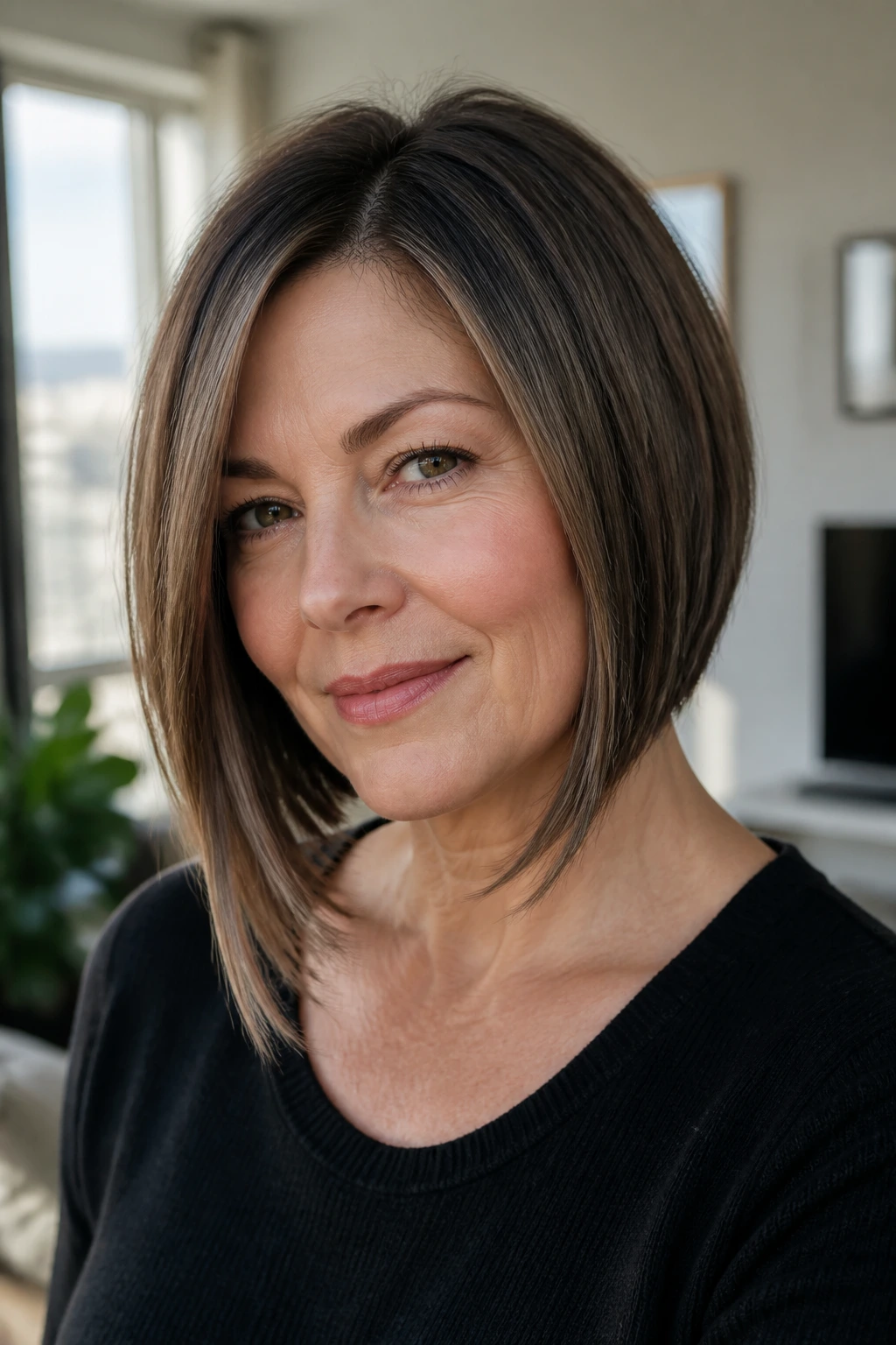 Portrait of a woman with an angled bob slimming a round face under natural window light