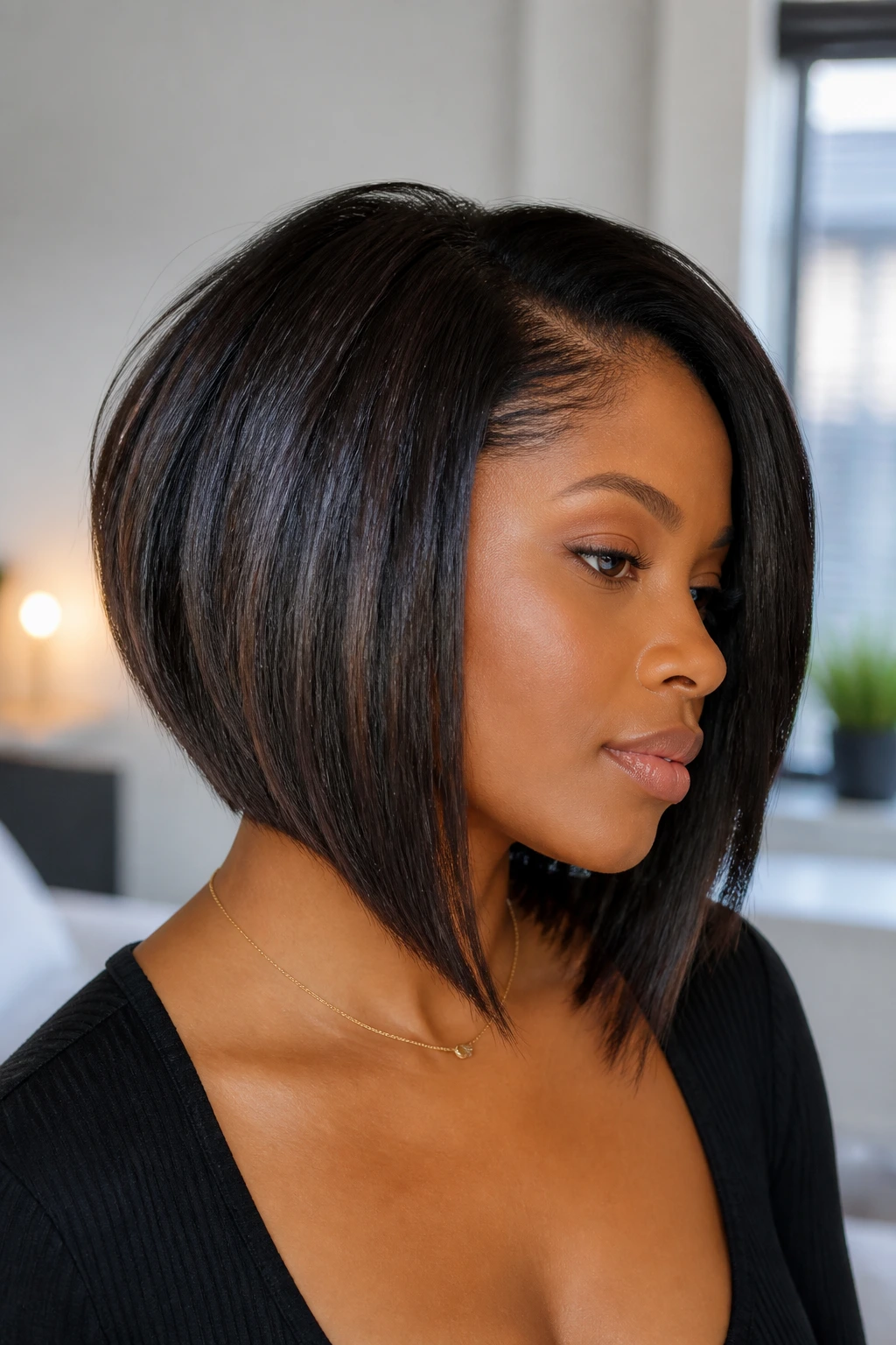 Close-up of a real woman with angled bob and hidden layers in natural daylight
